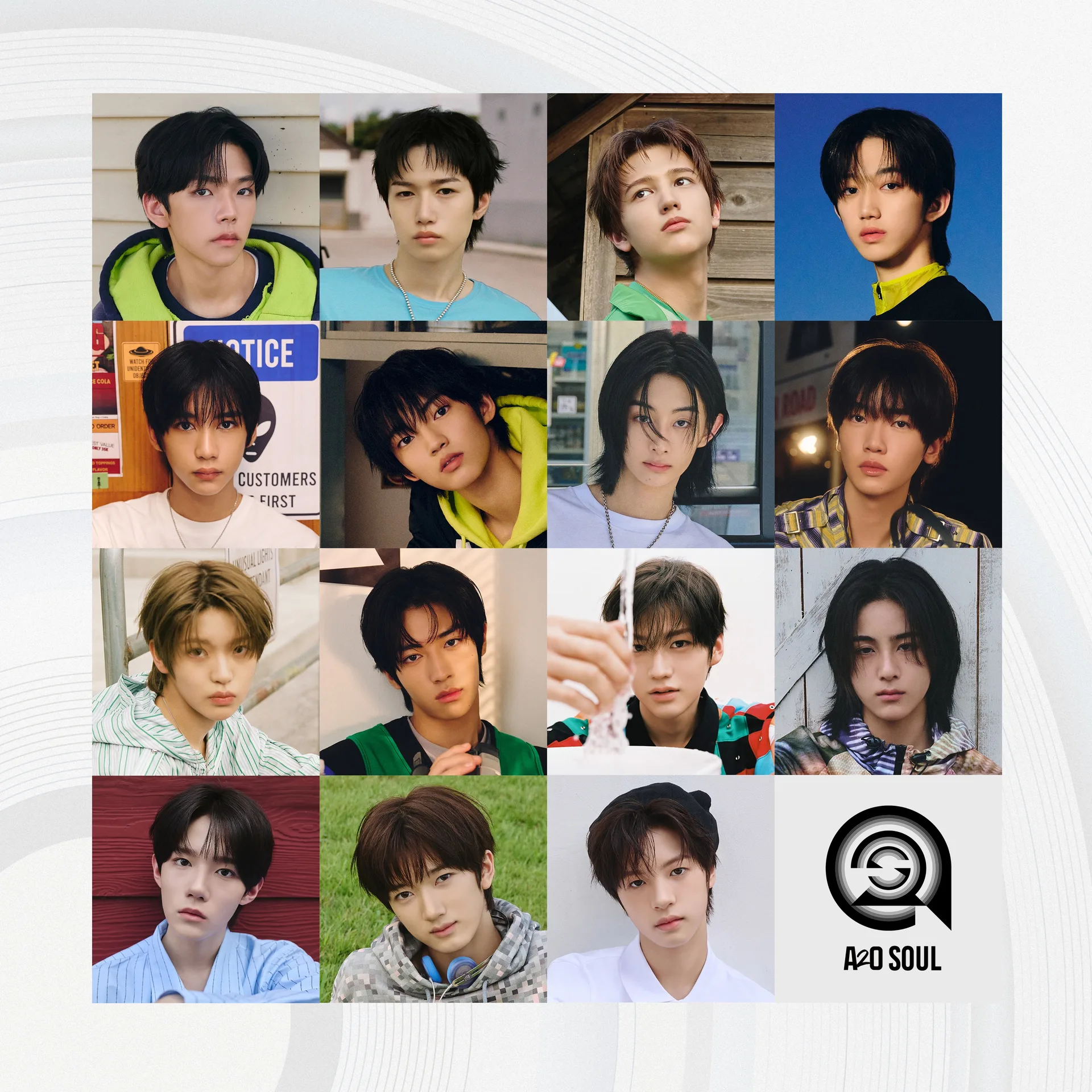 Grid of fifteen individual portraits of the A2O SOUL members with the group emblem, the group's official artist image