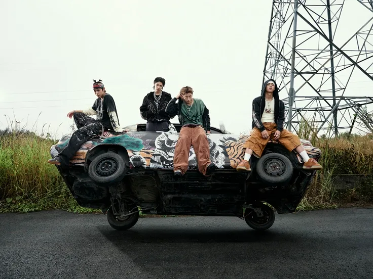 LNGSHOT members posing on a decorated car in their official Saucin promotional photograph