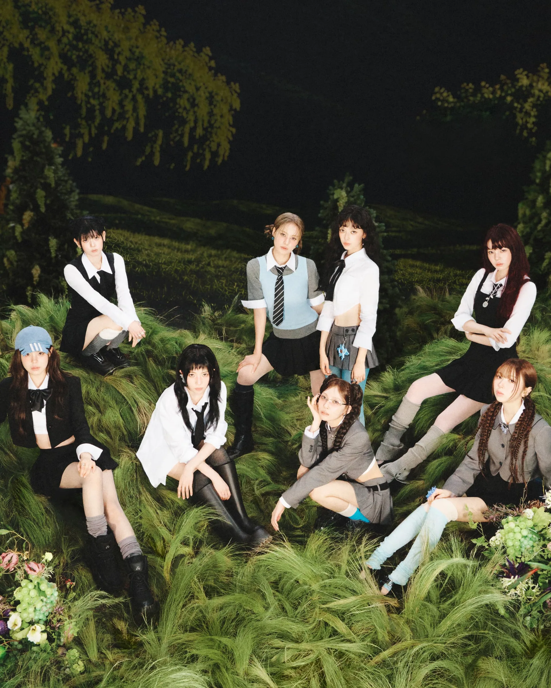 NiziU — official 2026 artist photograph of the eight members promoting during Rio’s hiatus, seated in tall grass