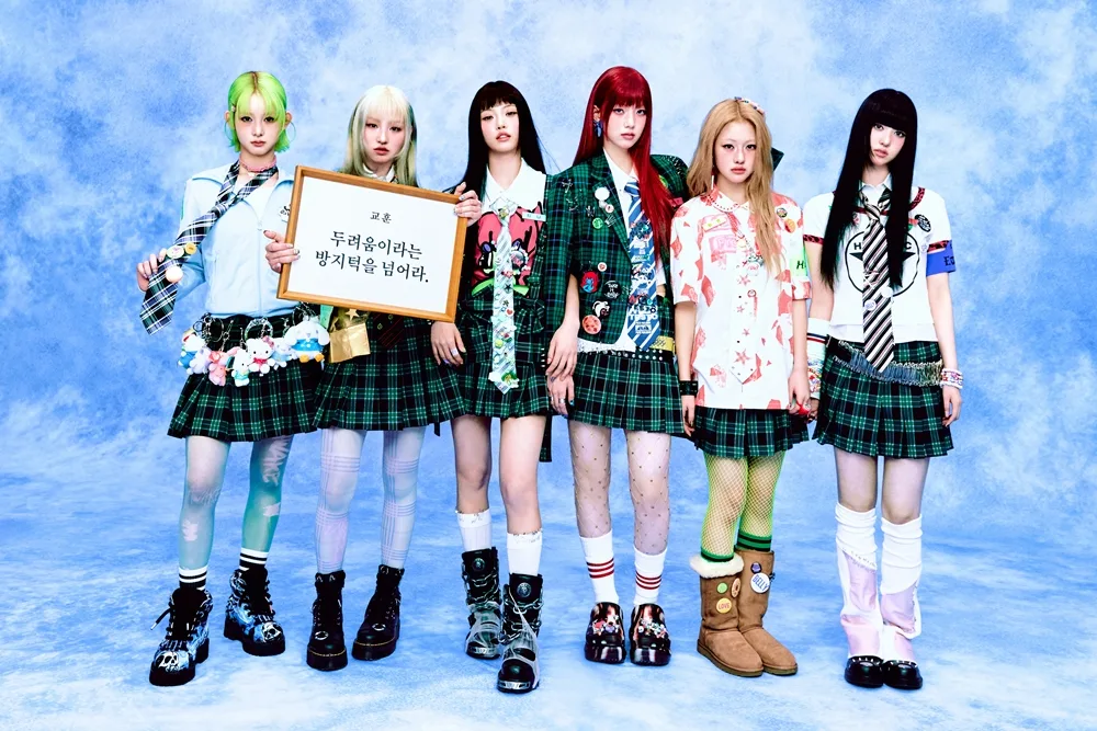 All six UNCHILD members in school-inspired outfits against a blue studio backdrop