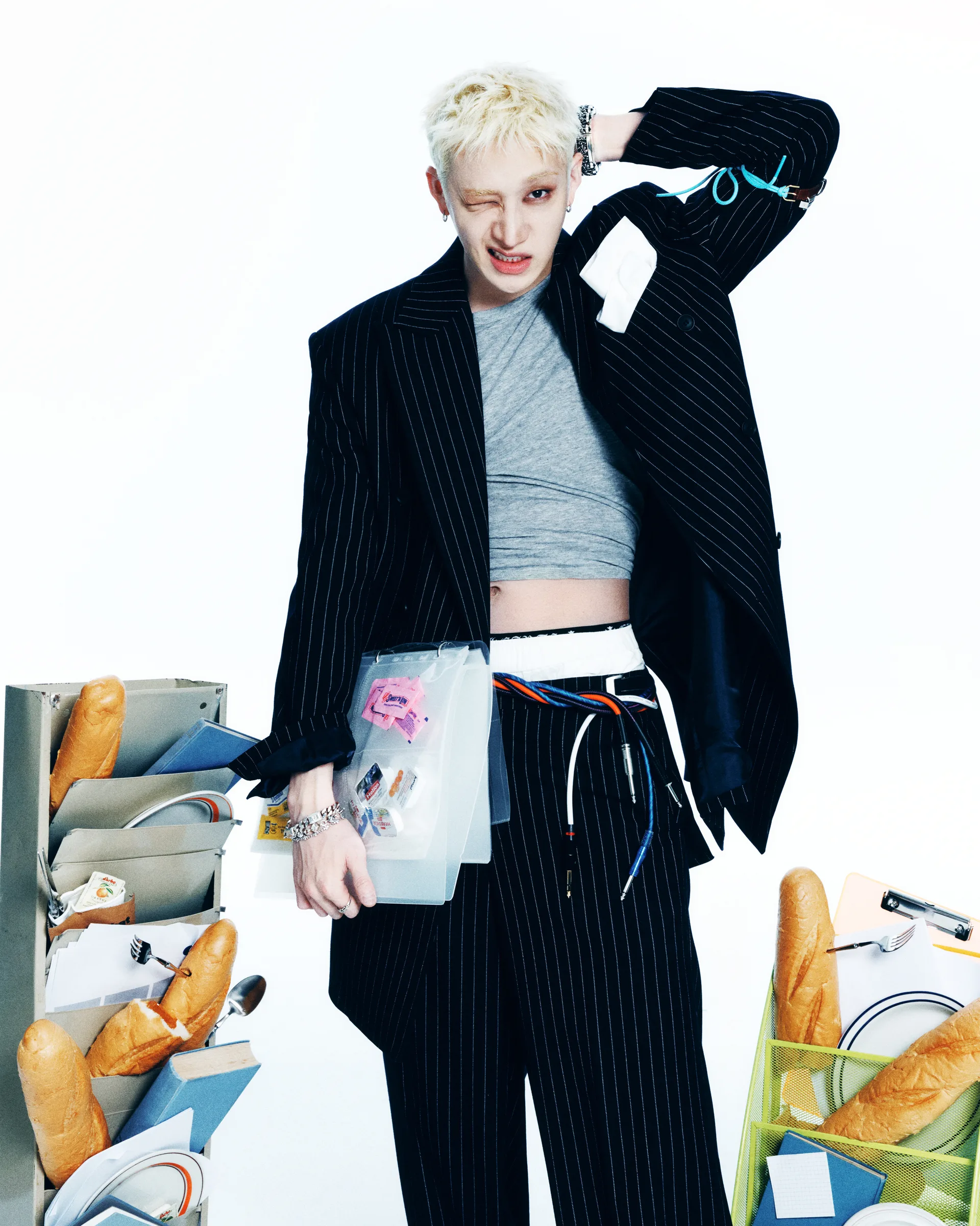 Bang Chan of Stray Kids in an official JYP studio portrait